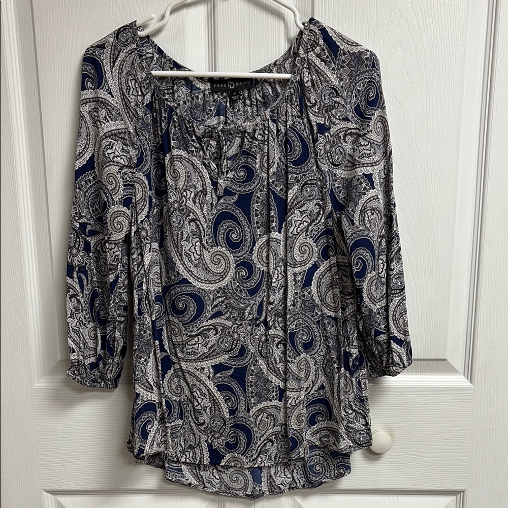 Fred David Blue and White Smocked Blouse